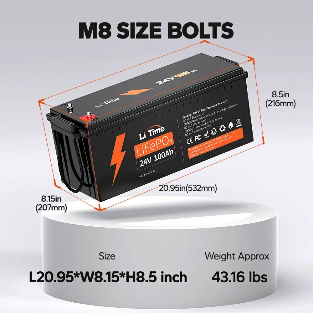 LiTime 24V 100Ah Lithium Battery for Marine Trolling Motor, RV